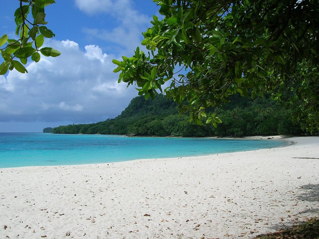 White sand and turquoise water at Champagne Beach on Espiritu Santo, Vanuatu