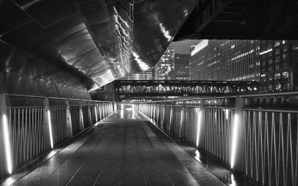 Chicago Riverwalk at night under the Marshall Suloway Bridge (52039870846)