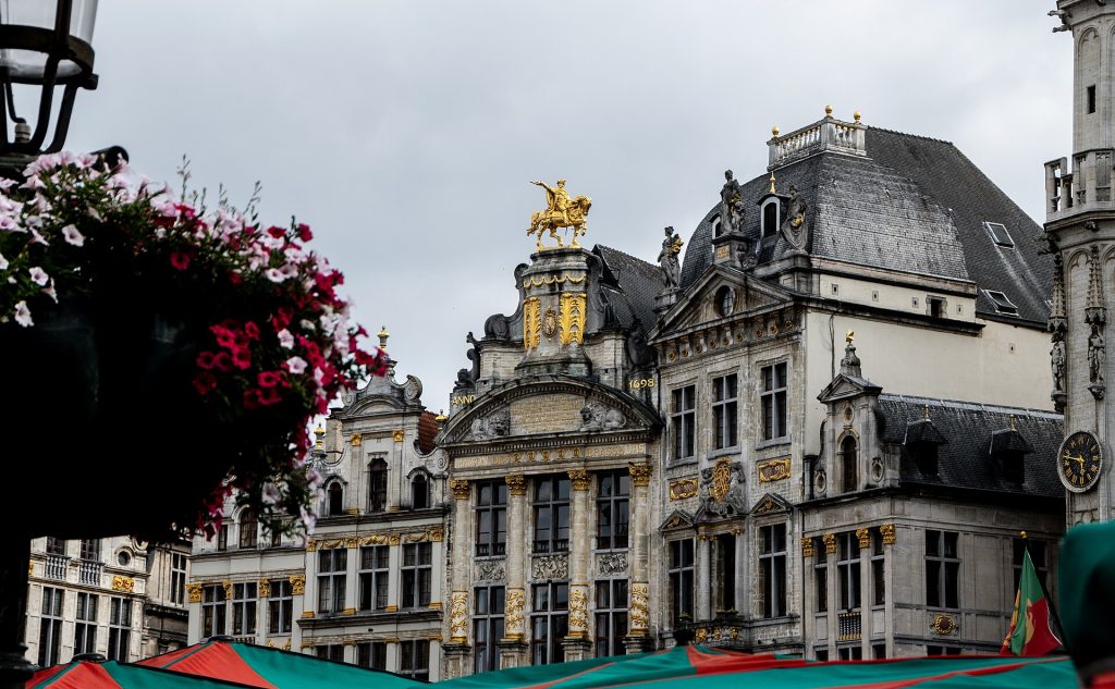 Flowers and the Upper Façades of Grand Place 9-12, Brussels, Belgium