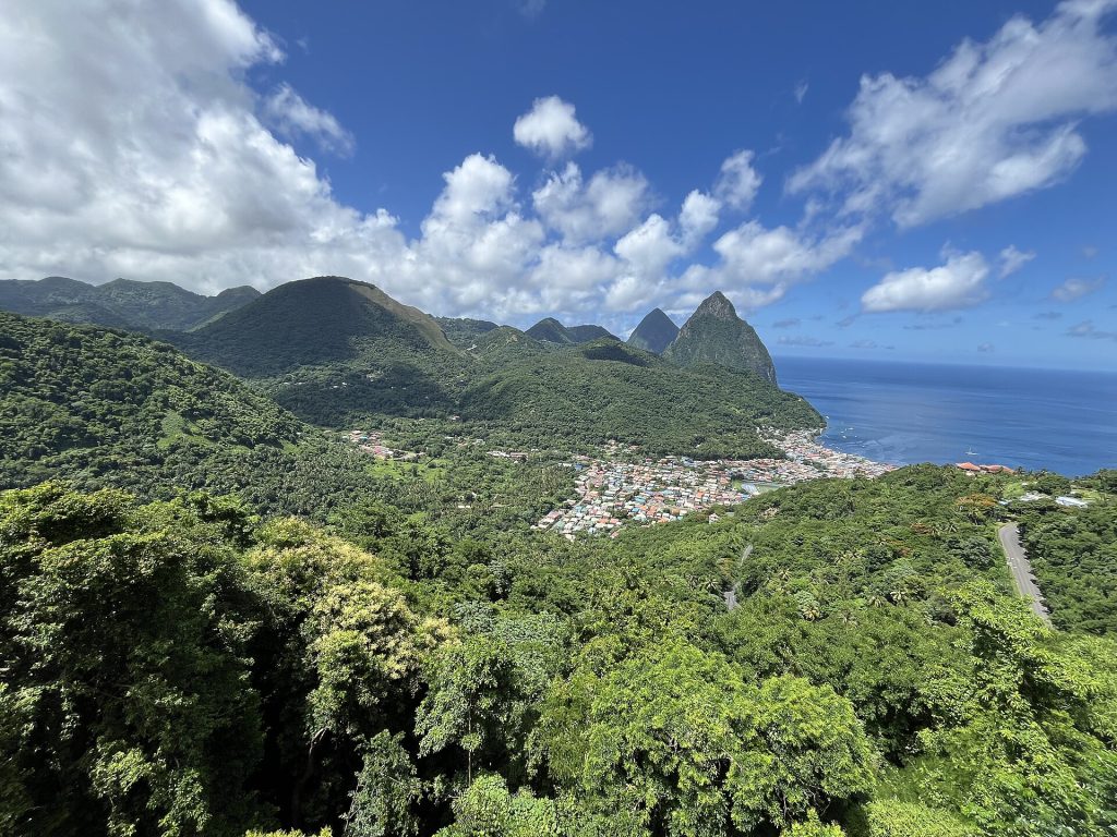 Soufriere town and the Pitons, Saint Lucia (wide view)
