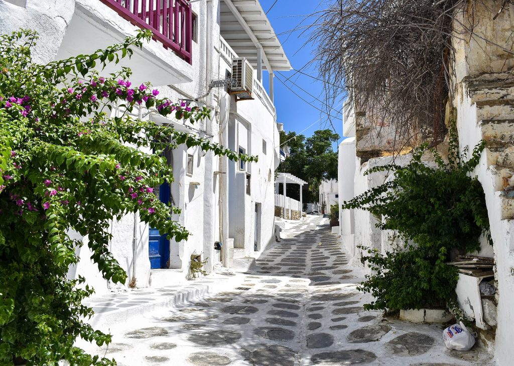 Street and Greenery in Mykonos, Greece