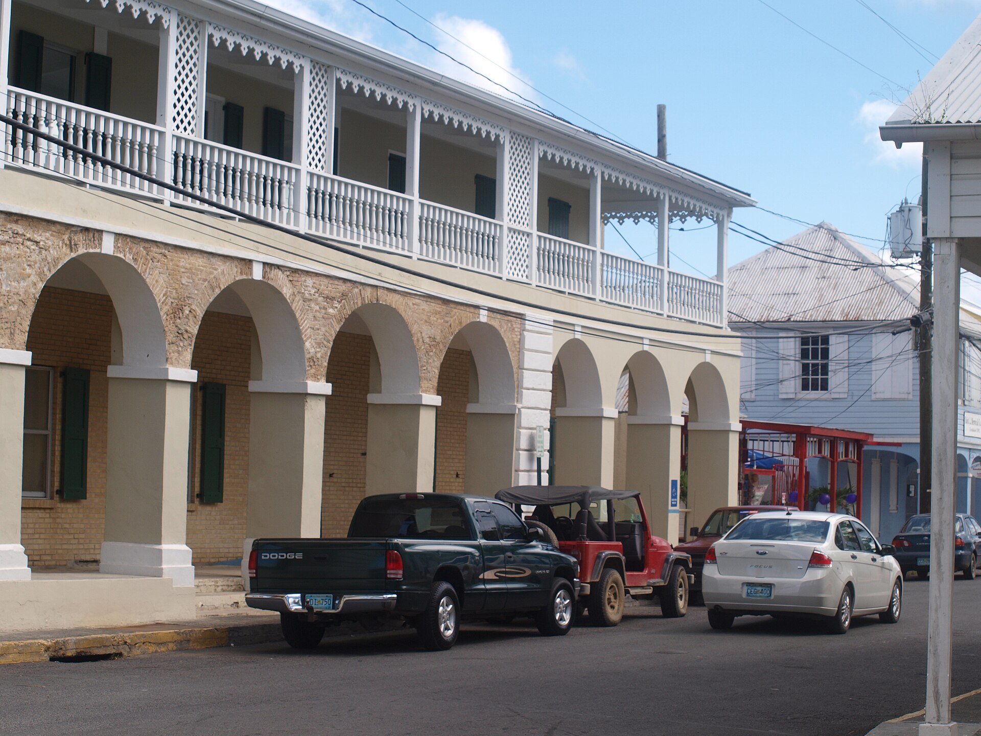 Historic street and colorful buildings in Frederiksted, St. Croix, U.S. Virgin Islands