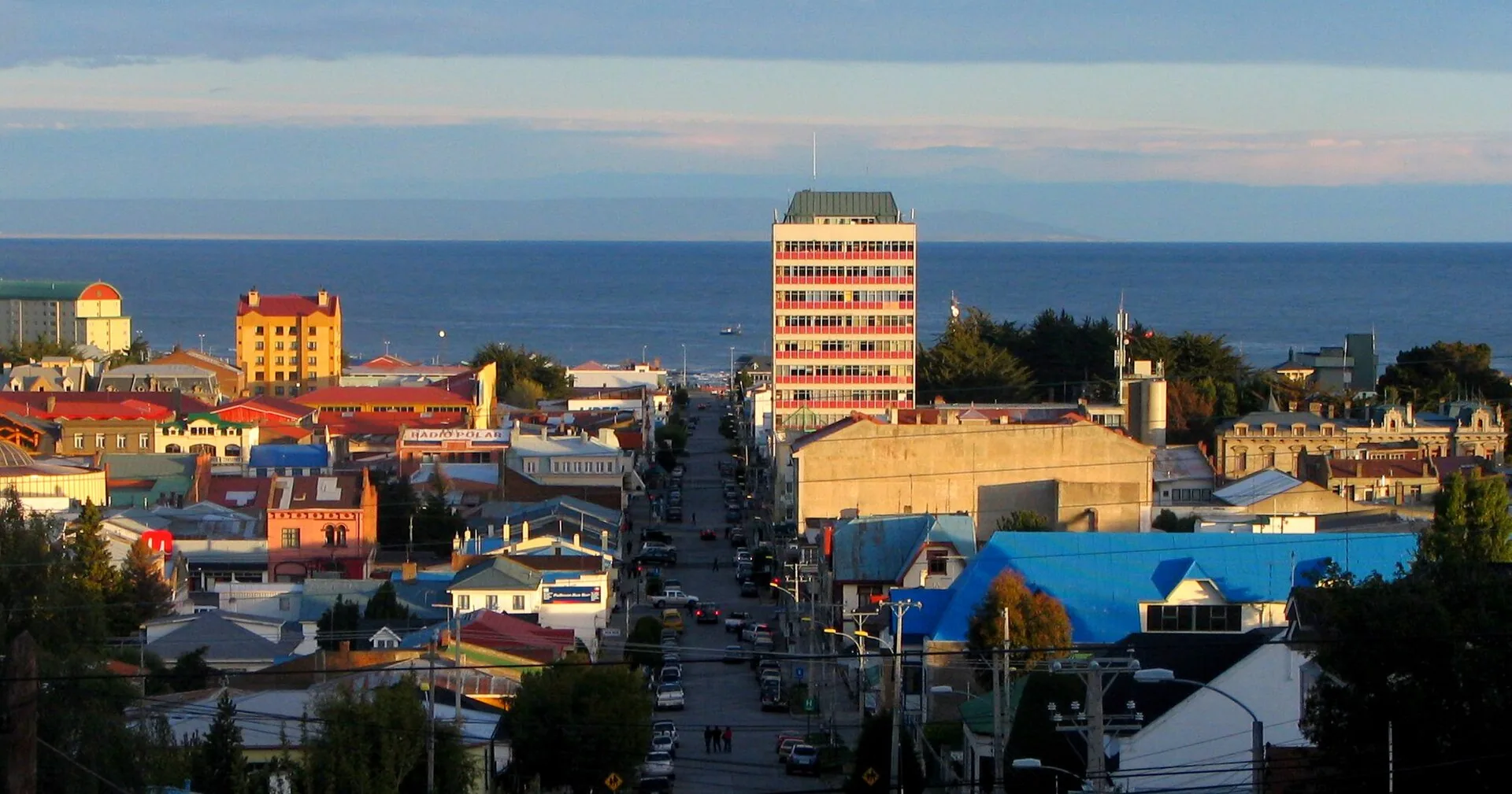Sunset over Punta Arenas with the mysterious Strait of Magellan to Tierra del Fuego